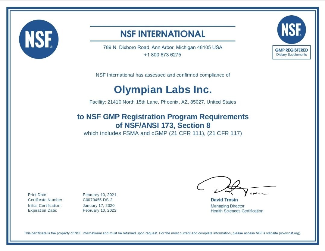 Chứng nhận NSF của Olympian Labs